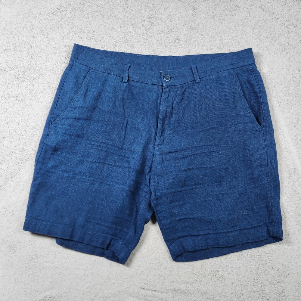 Porter & Ash Mens Linen Blend Shorts Mens size 36 Navy Blue Flat Front Summer